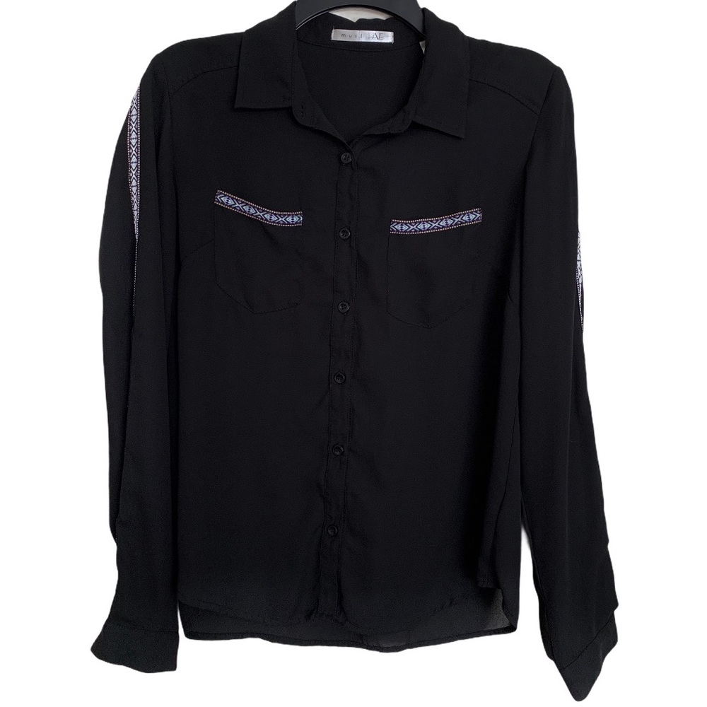 Must Have Black Embroidered Button Down Shirt Size Medium M